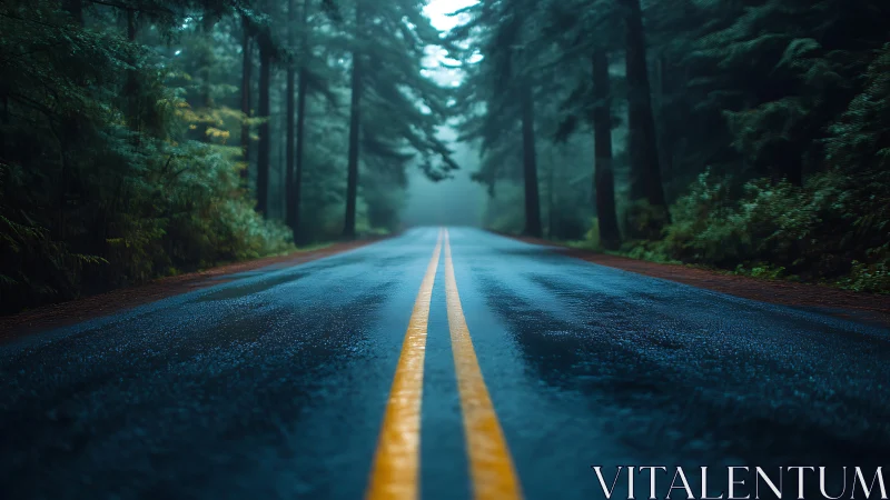 Wet asphalt road converges through dense forest under overcast sky