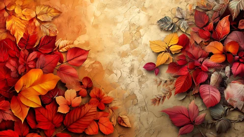 Autumn foliage composition on textured ochre plaster background.
