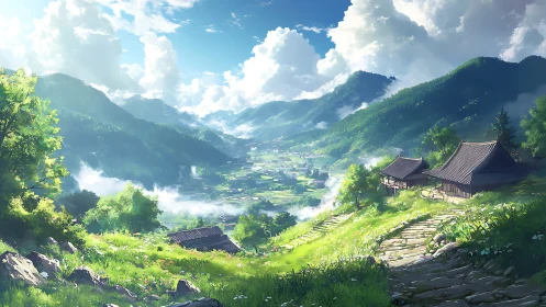 Mountain valley village landscape stretches under bright clouds