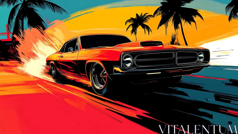 Muscle car on coastal road with stylized sunset backdrop.