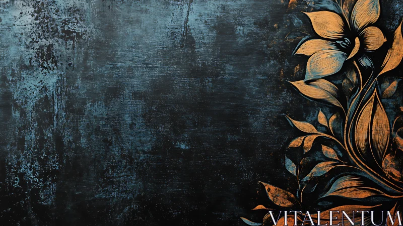 Metallic floral engraving over distressed teal background.