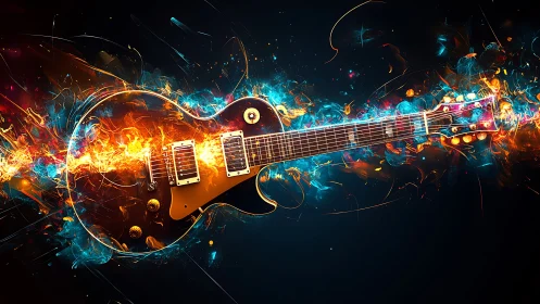 Electric guitar with intersecting flame and smoke bands.