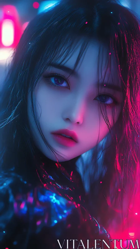 Cyberpunk portrait with neon rim lighting and wet hair rendering
