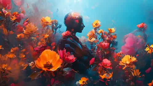 Silhouetted figure drifts through glowing surreal flower dreamscape