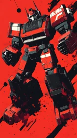 Red and black combat mech in dynamic graphic splatter scene.