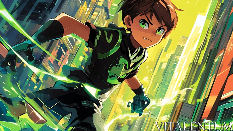 Young hero sprints through neon city in energized pursuit.