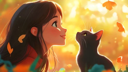 Autumn daylight pauses as girl and cat trade quiet secrets