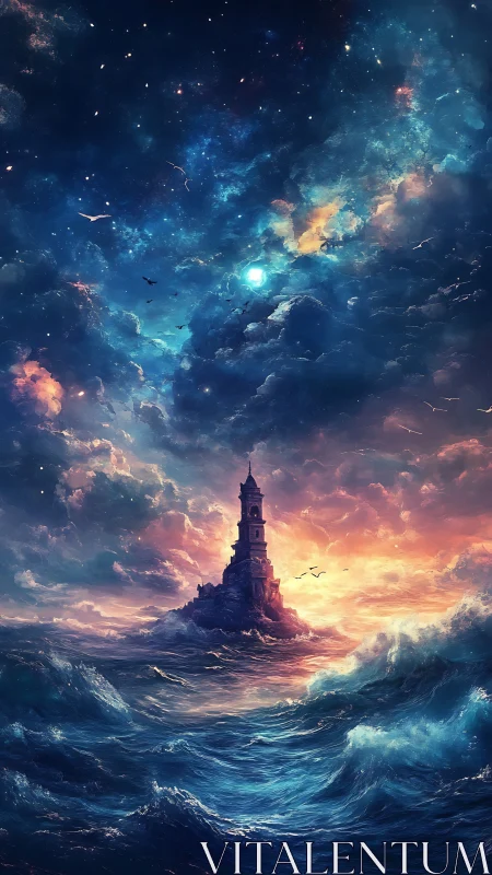 Stormlit lighthouse beneath a celestial cosmic ocean sky.