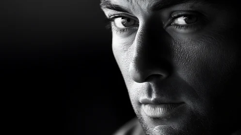 High-contrast monochrome male portrait in tight close-up framing.