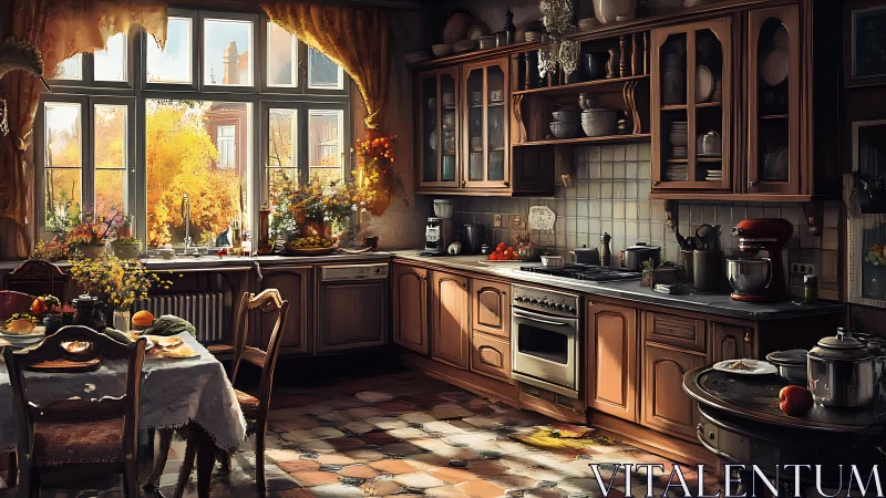 Sunlit rustic kitchen captures warm autumn light indoors