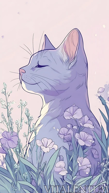 Serene Cat Surrounded by Lavender Blooms and Wildflowers