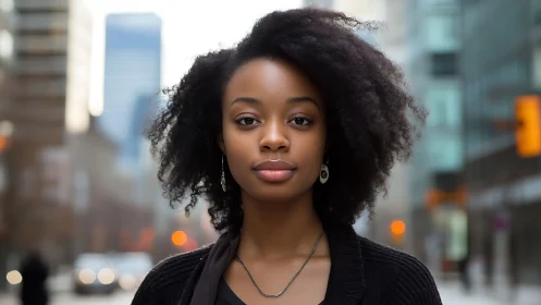 Confident young woman with natural hair in modern urban street portrait.