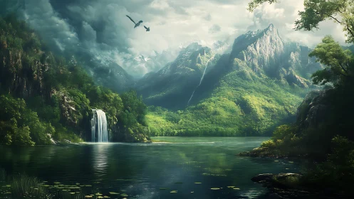 Mountain lake landscape shows waterfall under storm clouds