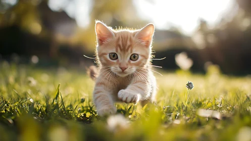 Ginger Kitten Prowling Through Spring Meadow.