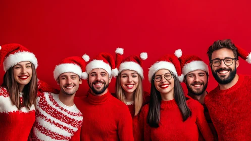 Laughing Santa squad beams under a blazing red holiday sky.