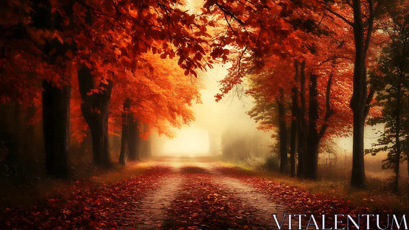 Autumn forest road with red foliage and soft morning mist.