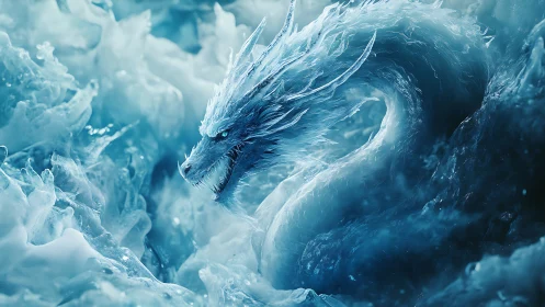 Frozen dragon coils through swirling ice with fierce grace