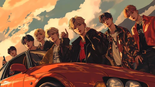 Cinematic anime ensemble with sunset-lit streetwear styling.