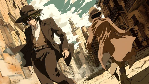 Dusty alleys swallow two coated wanderers mid-pursuit