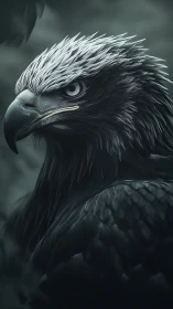 Storm-eyed midnight eagle poised in silver-tipped armor.
