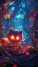 Glowing eyed creature in dense autumn forest scene.