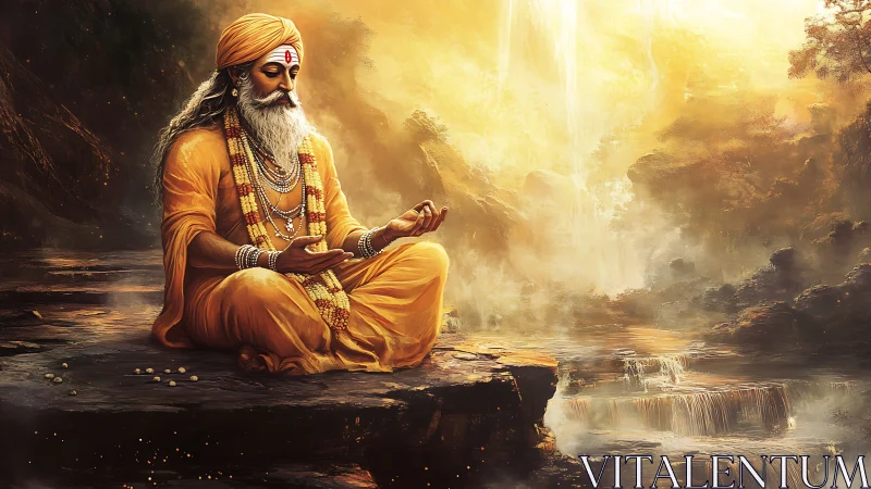 Serene sage in golden meditation beside a glowing waterfall.