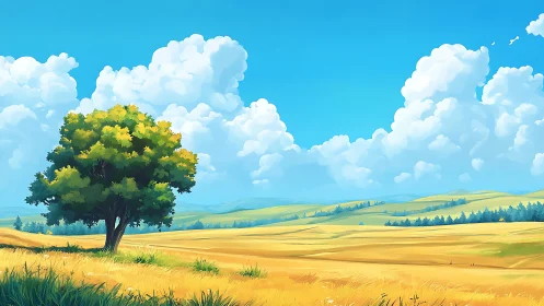 Solitary green tree under billowing clouds in golden fields.