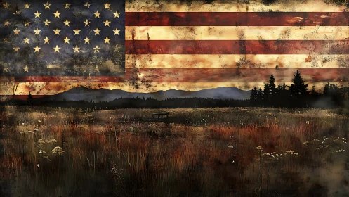Weathered American flag overlay on twilight mountain meadow
