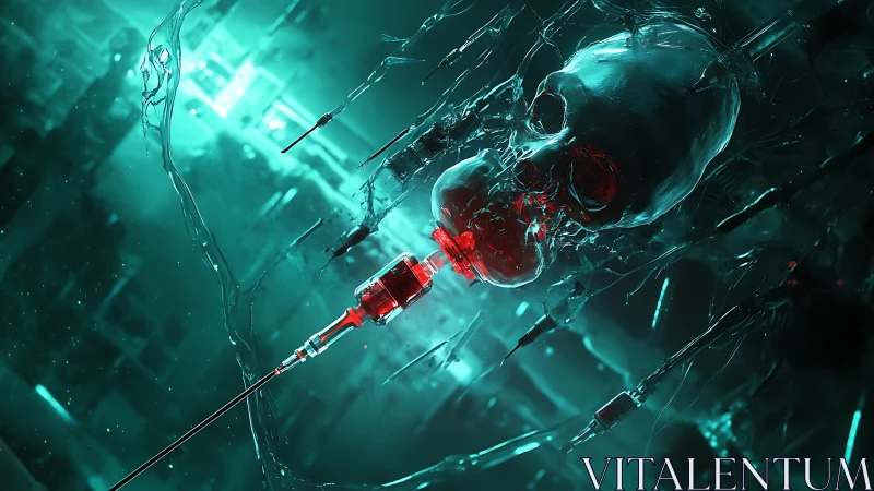 Cybernetic skull infusion in fractured teal laboratory void.