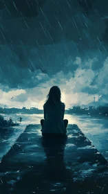 Solitary figure on pier beneath stormlit twilight rain.