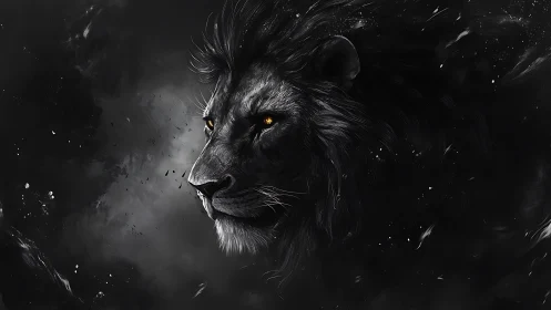 Midnight lion with ember eyes in swirling cosmic shadows.