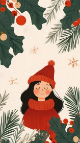 Winter holiday illustration with girl in red clothing.