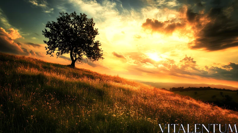 Glowing hillside sunset with a quiet, steadfast lone tree.