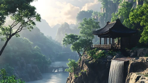 Mountain pavilion leans into mist as waterfalls whisper below