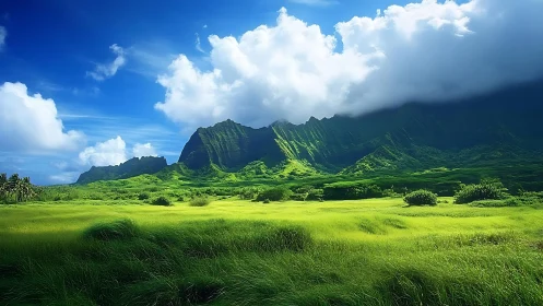 Emerald wind dances below cloud-draped volcanic guardians