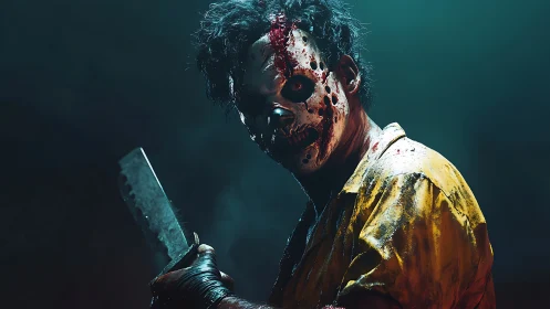Moody horror character holds cleaver under eerie teal light