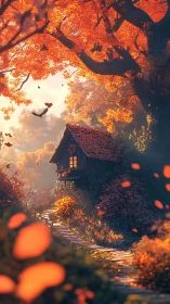 Autumn forest path leading to small cottage at dusk.