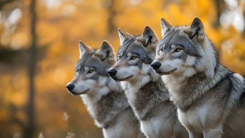 Four grey wolves standing alert in a golden forest scene.