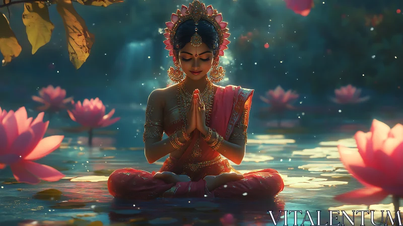 Divine woman meditates on glowing lotus pond at twilight.