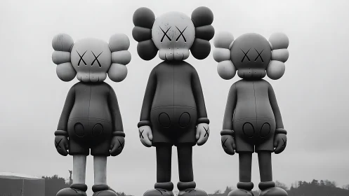 Monochrome outdoor trio of stylized vinyl figure sculptures
