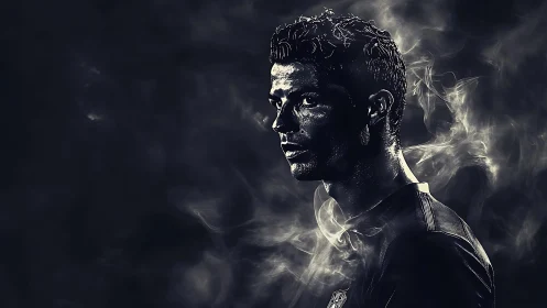 Male athlete portrait emerges from dark smoky background