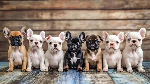 Row of French bulldog puppies on rustic wooden floor.