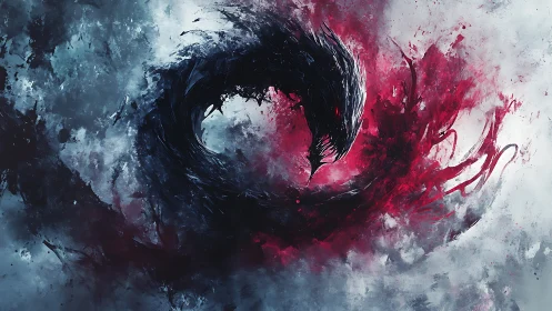 Dark vortex dragon coiled in red and blue stormscape.