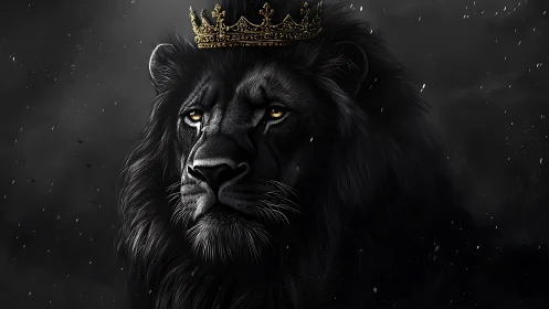 Crowned black lion portrait in dark monochrome setting.