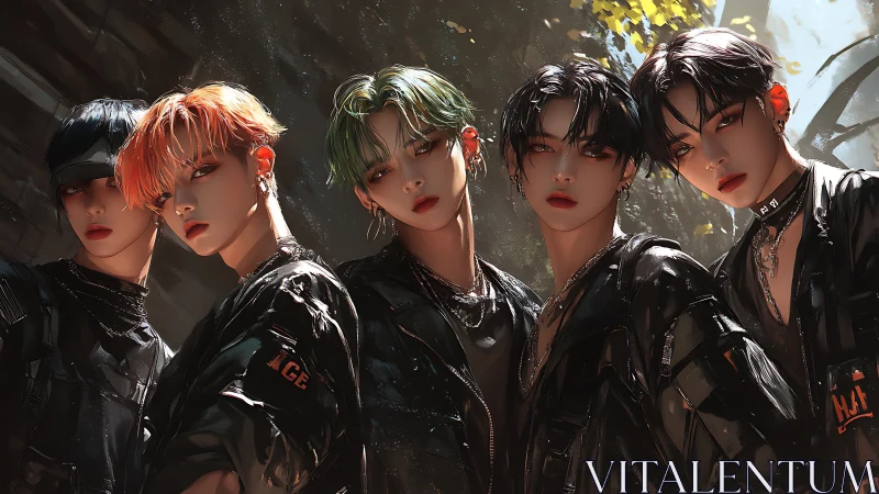 Stylish group of friends sharing bold neon streetlight vibes.