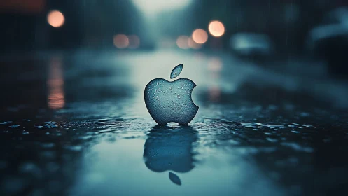 Apple Logo in Urban Rain: Photorealistic Macro Study.