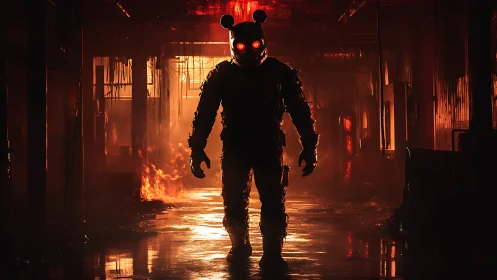 Armored figure stalks a burning corridor in eerie red light
