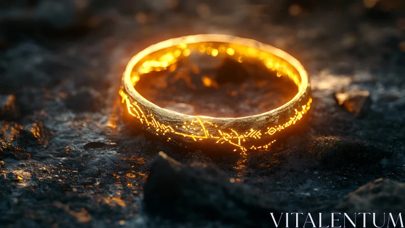 Enchanted gold ring glows over charred volcanic ground.