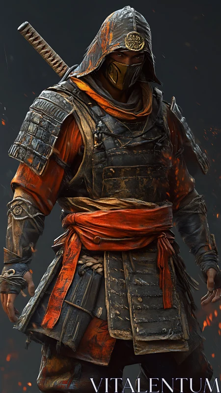 Hooded samurai assassin stands amid drifting embers in armor