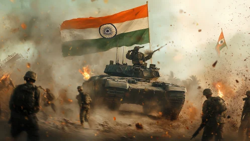 Photoreal military tank charge under Indian tricolour flag.